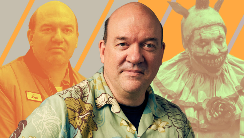 John Carroll Lynch as Arthur Leigh Allen in Zodiac (Screenshot: Zodiac), Twisty The Clown (Screenshot: American Horror Story), and himself (Photo: Robby Klein/Getty Images Portrait). Graphic: Jimmy Hasse.